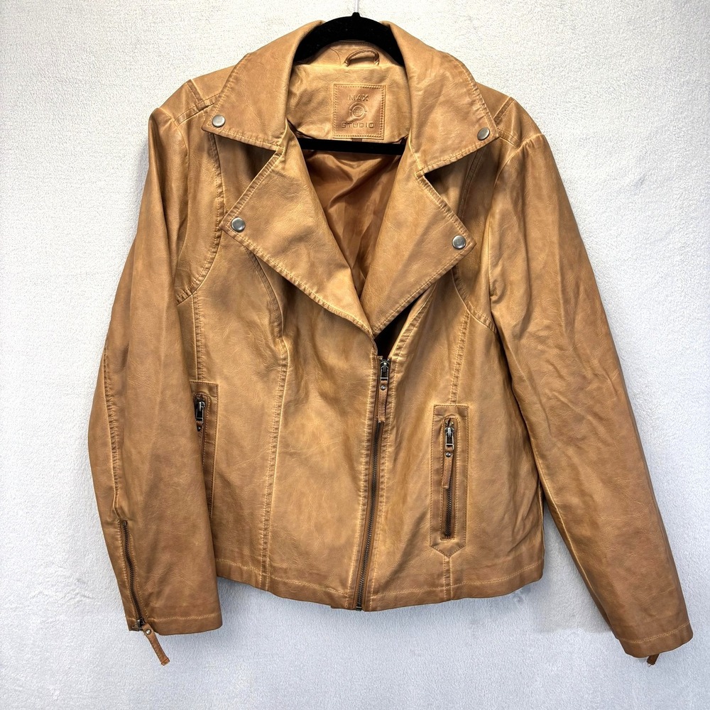 Max Studio Faux‎ Leather Biker Jacket Womens 1X Brown Rodeo Festival Western XL